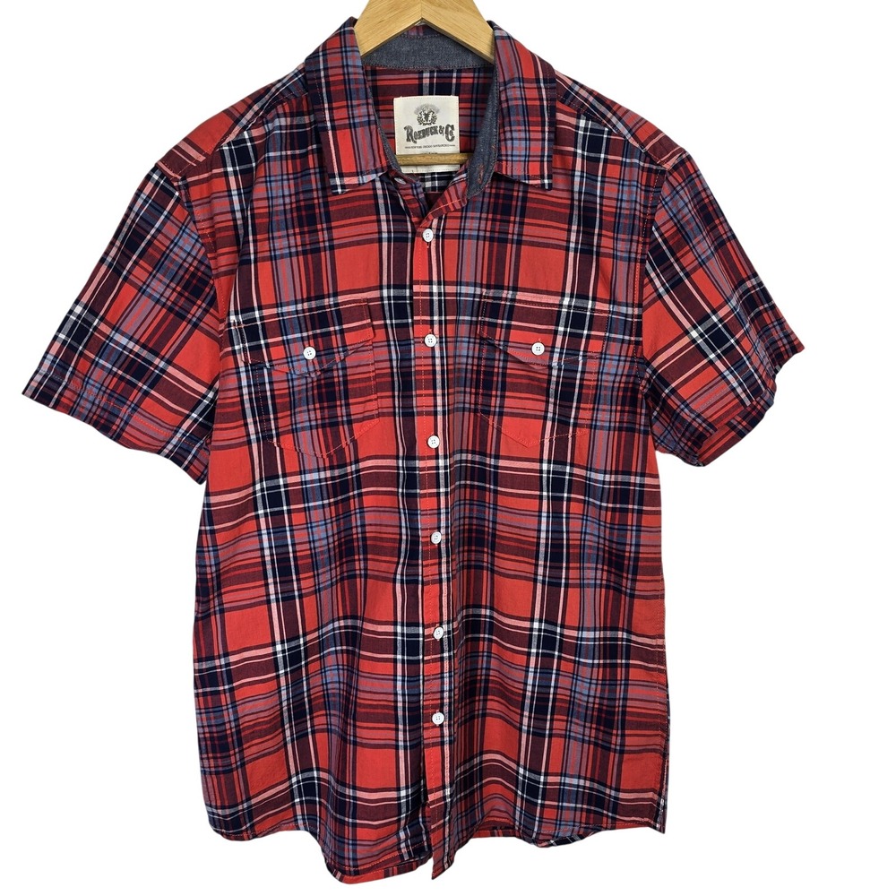 Roebuck &‎ Co Mens Plaid Short Sleeve Button Up Shirt Red Blue Size M